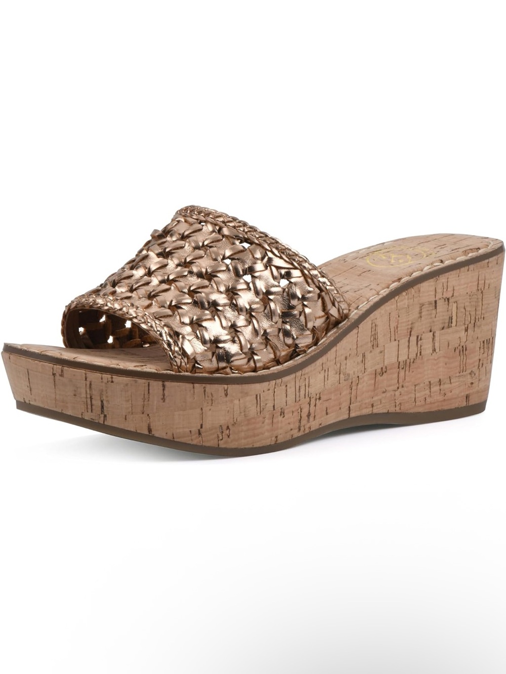 White Mountain Woven Metallic Cork Wedge Slide - Rose Gold